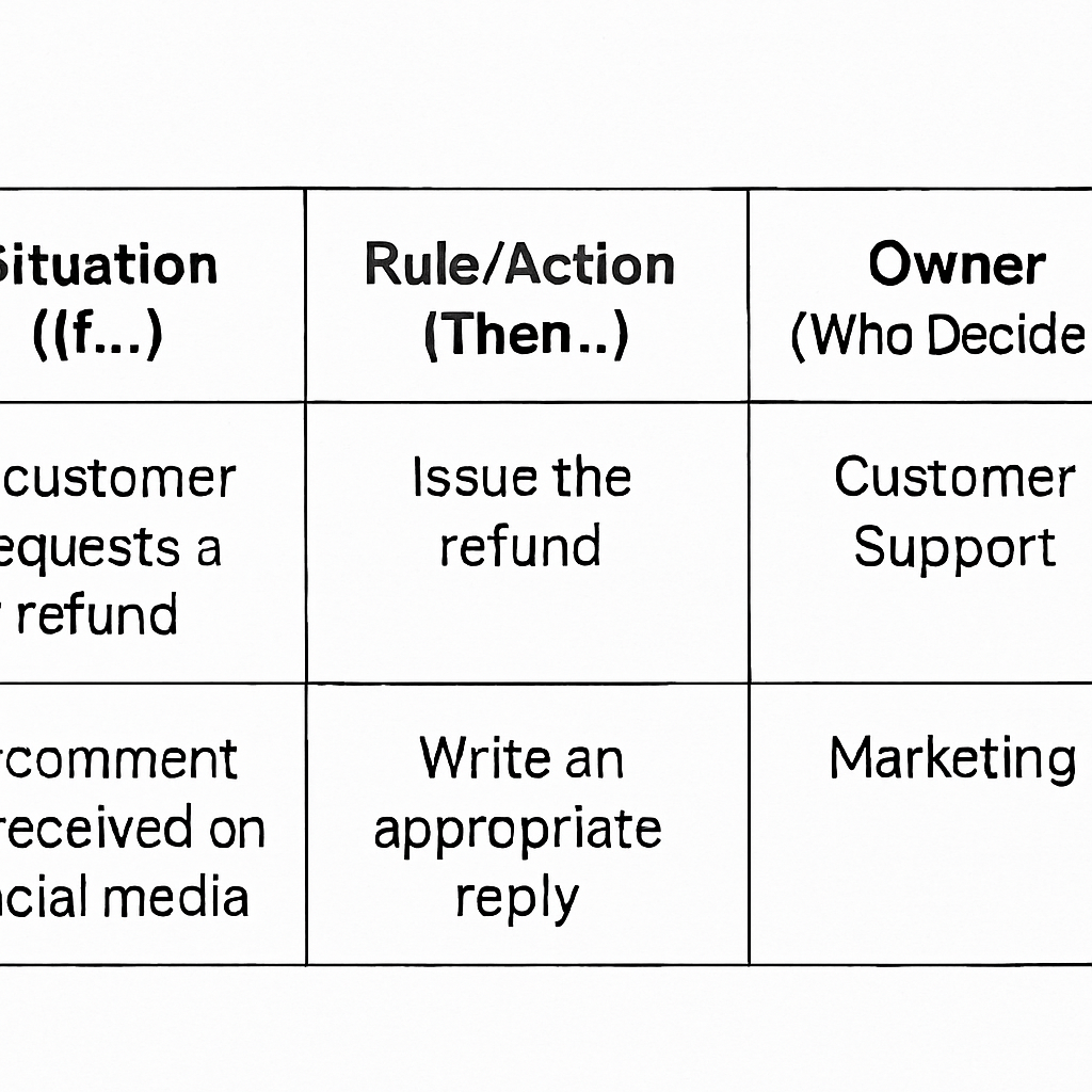 decision fatigue A simple, clean three-column table. Column 1 Header: "Situation (If...)". Column 2 Header: "Rule/Action (Then...)". Column 3 Header: "Owner (Who Decides)". The table has two example rows: one for customer refunds and one for social media responses