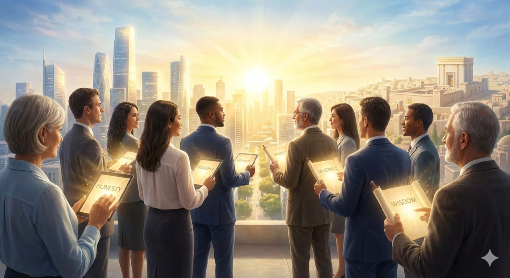 Gemini_Generated_Image_helsl5helsl5hels 4 - Garden of Eden - Catering. Desserts. Events. A diverse group of leaders on a high vantage point, looking out at a rising sun over a city, holding tablets that glow with biblical faith-based leadership ethics principles.